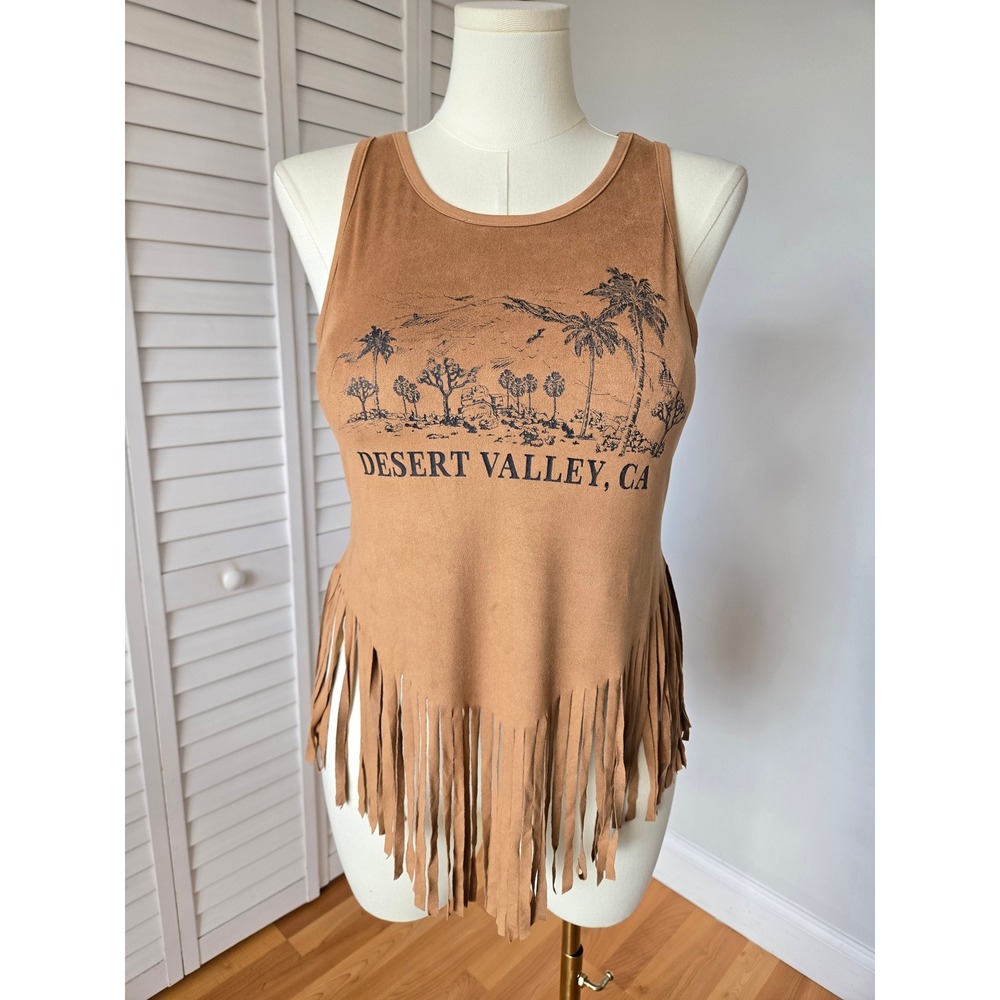 McChild Tan Faux Suede Fringe Tank Top Sz M Desert Graphic Western Boho Festival
